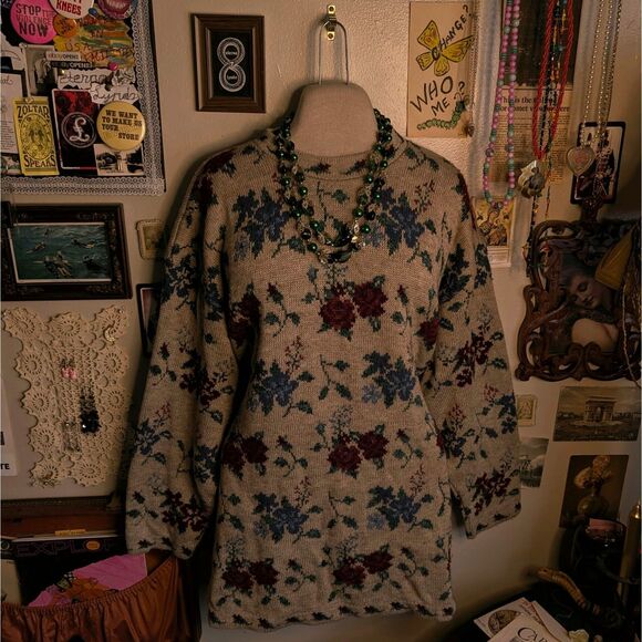 Vintage Floral Knit Mock Neck Sweater Women's 2XL Beige Patterned 80s - Picture 1 of 6
